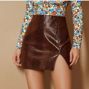 Croc Embossed Split Hem faux Leather Skirt